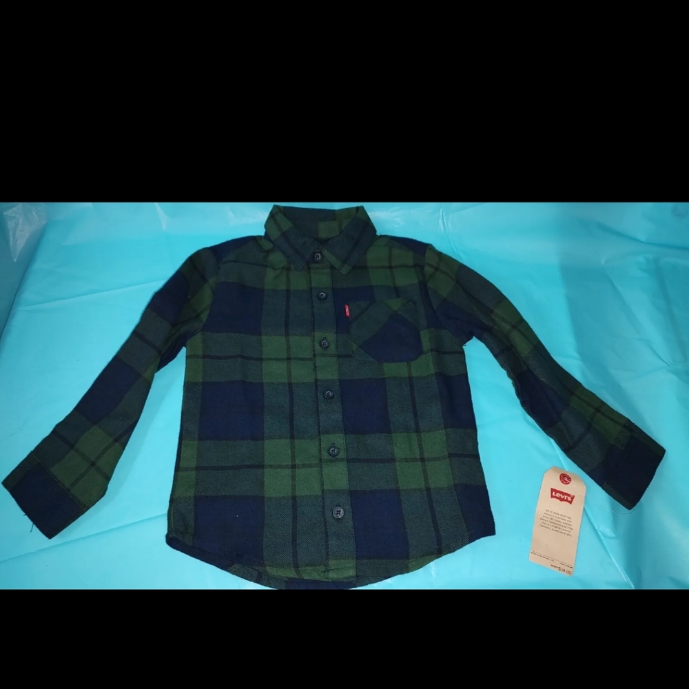 Levi's Little Boys Flannel Long Sleeve, Plaid Green/Blue, NWT, Size 4 XS Outdoor